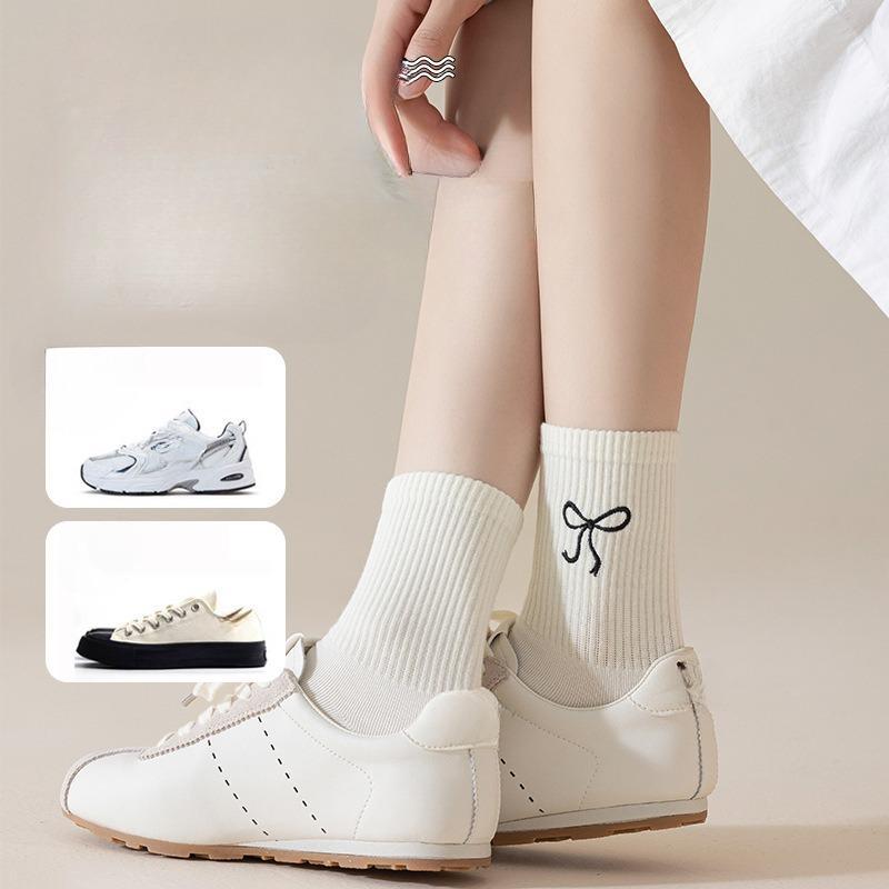 Solid Color Versatile Mid-calf Socks, Simple Long Socks for Autumn and Winter, Cute Bow Cotton Socks, Women's Socks for Spring and Autumn