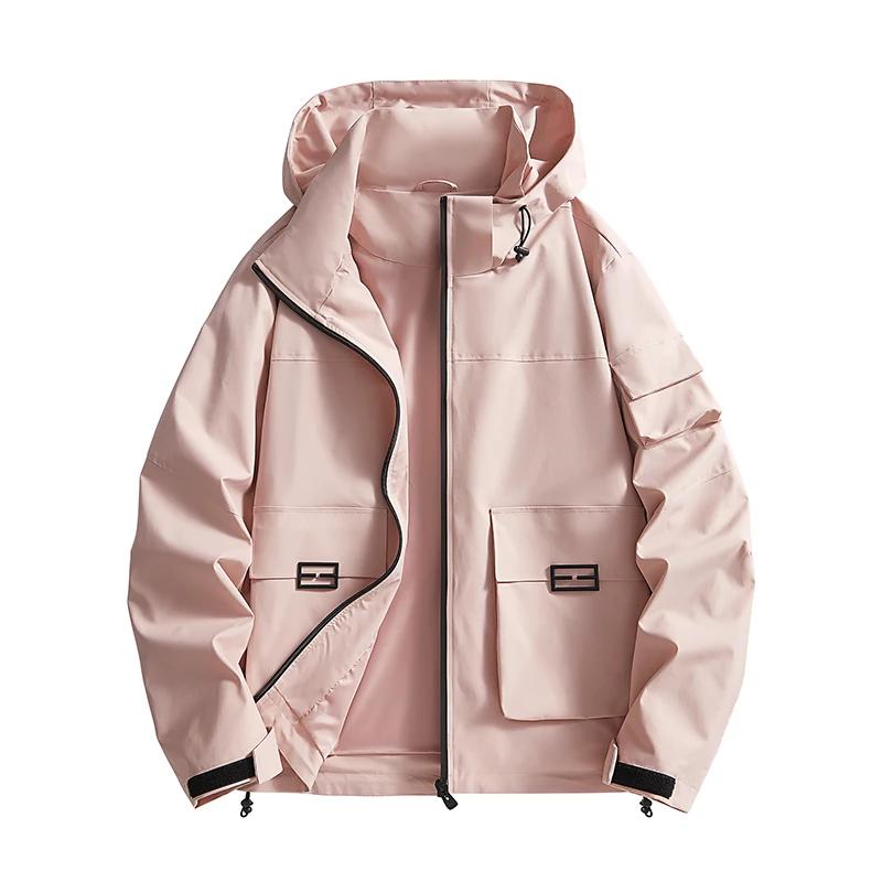 

Men s Jacket Women Hooded Camping Climbing Outdoor Windproof Trekking Zipper Coat Unisex Style Solid Color Big Pocket Clothing S розовый