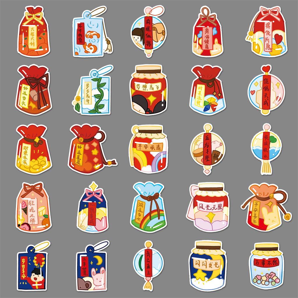 50 Lucky Bags Personalized Chinese Style Hand-painted Blessing Creative Decorative Water Cup Suitcase Mobile Phone Case Stickers