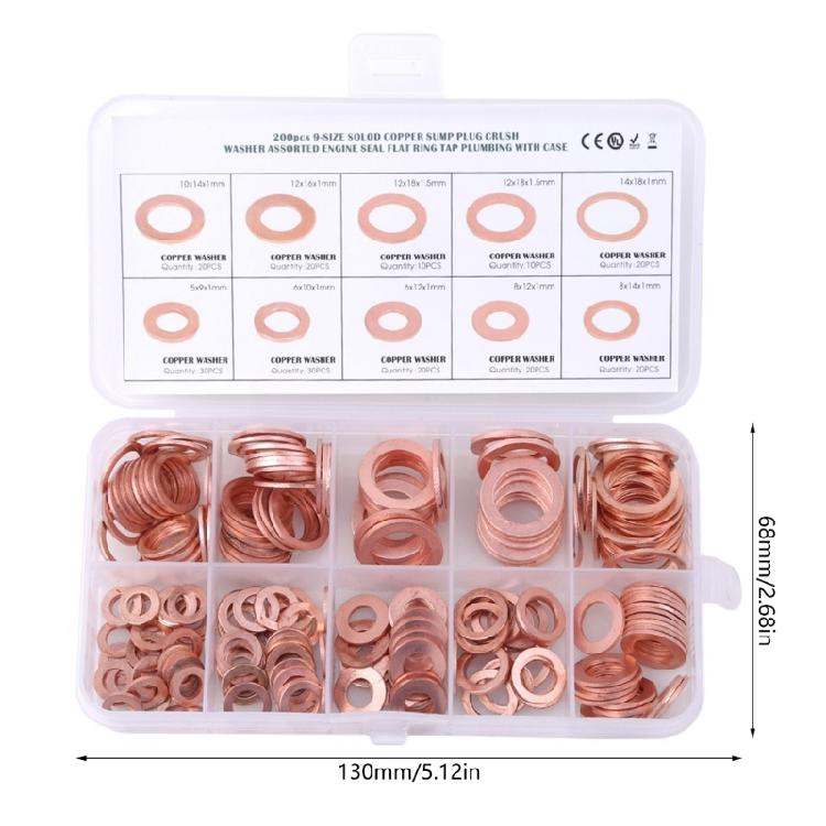 Copper Flat Washers Assortment Kit, 200Pcs Copper Sealing Washers Assortment Set, 9Size