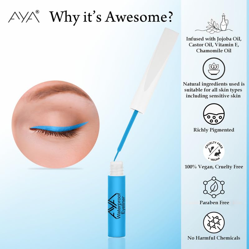 AYA Waterproof Eyeliner 5 ml, Pastel Blue, Eye-catching Blue Eyeliner, Easy Application, Matte Finish, Waterproof, Long Lasting, Smudge Proof eyelin