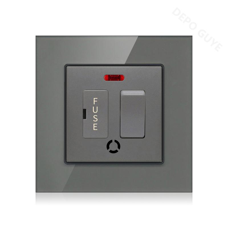86 Typ UK 13A Schalter mit Sicherung Elektroschalter Licht Steckdosen Neon Schwarz Weiß Grau Gehärtetes Glas Sicherung 13A Wandschalterplatte