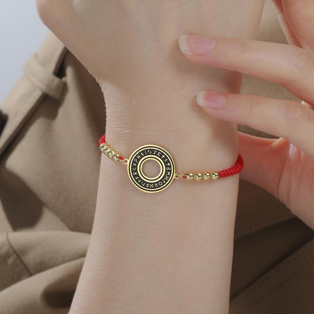 Viking Norse Runic Red String Bracelet Hollow Circle Rune Amulet Adjustable Braided Lucky Cord Nordic Runic Charm Jewelry Gifts