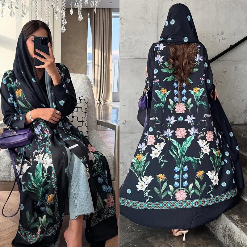 MQ236 Women's Middle Eastern Fashion: Printed Abaya Robe with Hijab & Cardigan, Large Swing Overcoat