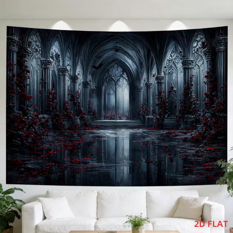 2D Spooky Gothic Cathedral Tapestry Black Water Red Rose Halloween Wall Art 47.2x31.5inch/120*80cm