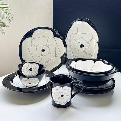 Small Fresh Camellia Ceramic Tableware Set, Relief High-Value Household Rice Bowl, Large Soup Bowl Ceramic Plate