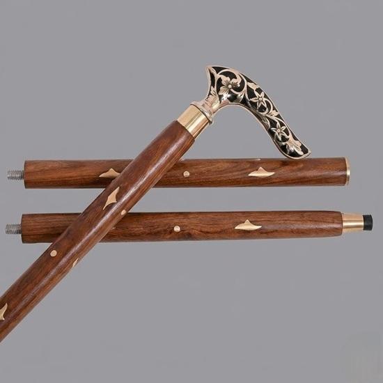 Floral Engraved Brass Handle Walking Cane Detachable 3-Piece Wooden Walking Stick