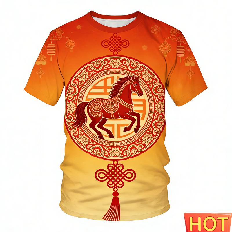 Chinese New Year Horse T-shirt For Men Women 2026 Happy New Year Round Neck Tee Shirts Polyester Family Short Sleeves Red Tops