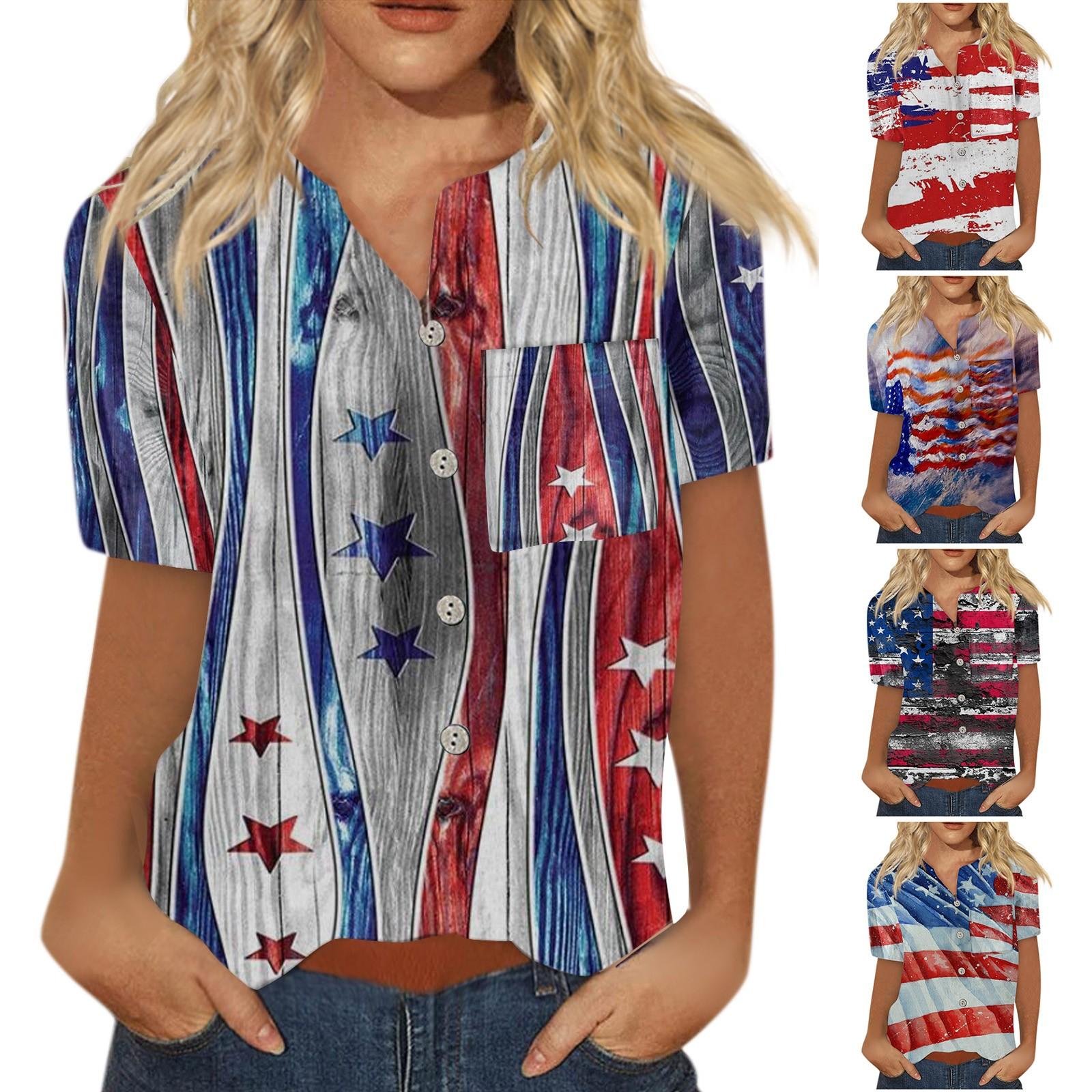 

Женская мода День независимости с принтом и пуговицами на груди с карманом и коротким рукавом Блузка Топ