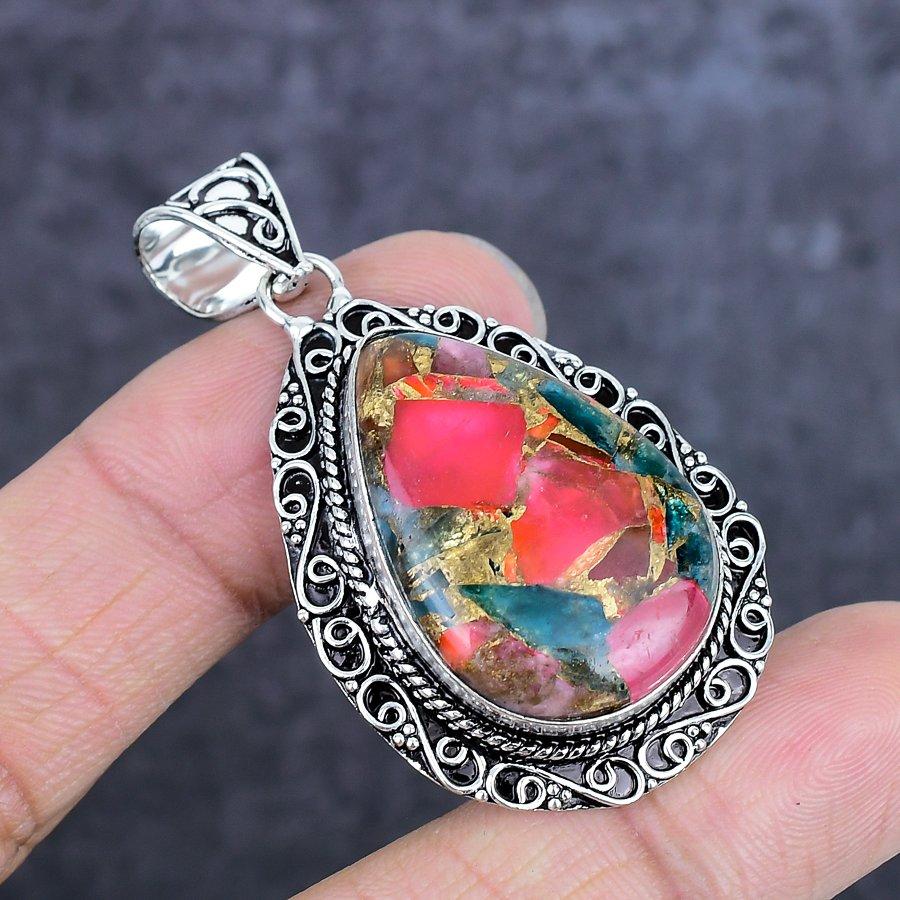 Natural Watermelon Tourmaline Gemstone 925 Sterling Silver Pendant 2.17" ETC-14053