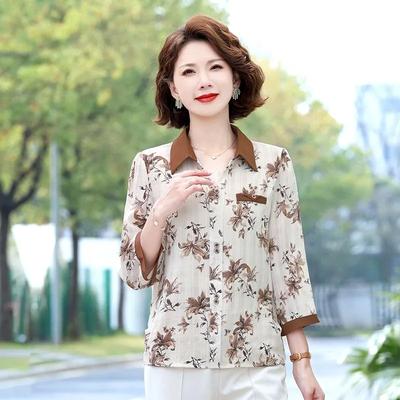 Blusa casual de gasa con estampado floral, cuello de contraste y manga 3/4, con botones