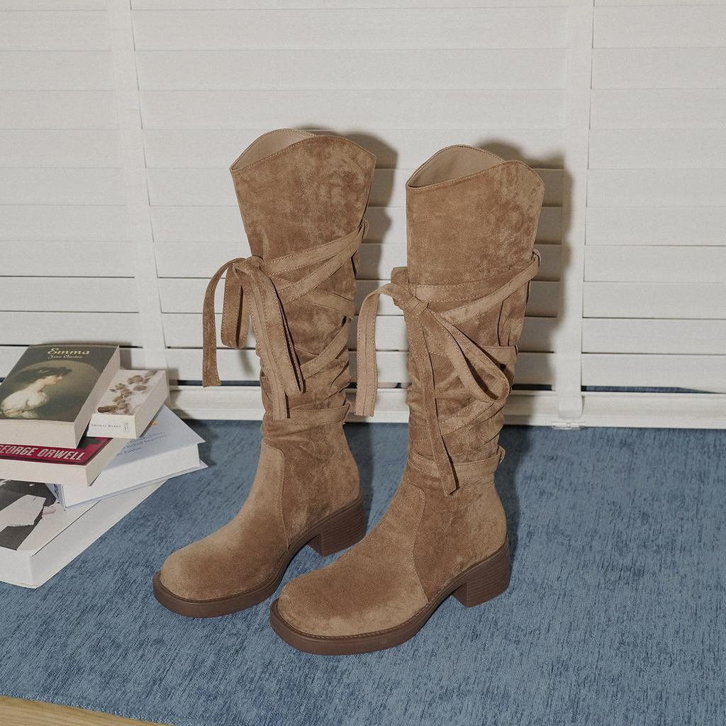 Main Push Edition~ Retro Wasteland Heel Wrap Strap Pile Boots Western Cowboy Boots But Knee Maillard Boots