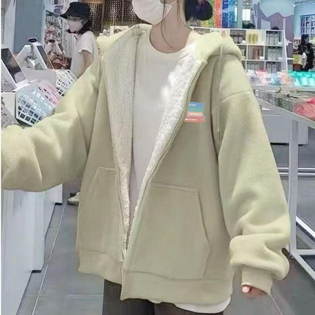 Women's Lambswool Hooded Sweatshirt - Winter 2025 Style, Plus Velvet, Thickened, Loose Cardigan, Trendy and Warm Outerwear for Students.