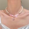 Elegante Halskette mit Perlenanhänger und Herz-Schleife für Frauen, süße, vielseitige Choker-Charme-Halsketten, Modeschmuck, Geschenk
