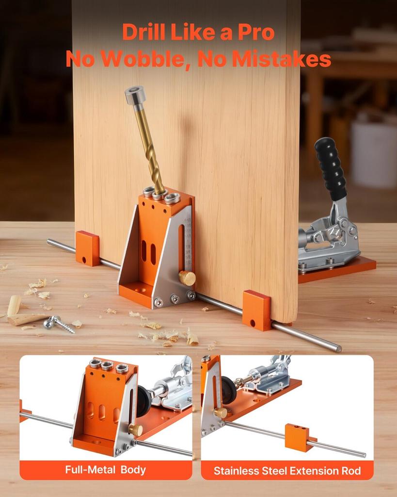 Pocket Hole Jig Kit, 12.7 to 38.1 mm Adjustable, Jig Pocket Hole System with Toolcase, C-Clamp, Step Drill, Hex Wrench, Drill Stop Ring, Square Drive