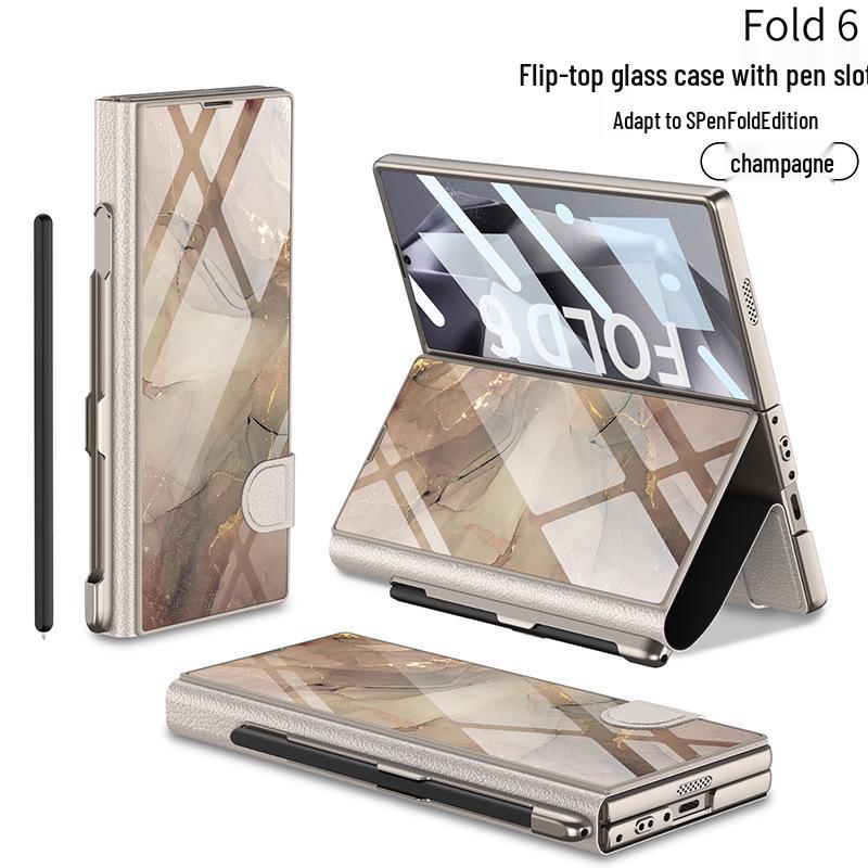 Samsung Z Fold 6 Leather Flip Case with Pen Slot and Glass Cover – Stylish and Business-Friendly.