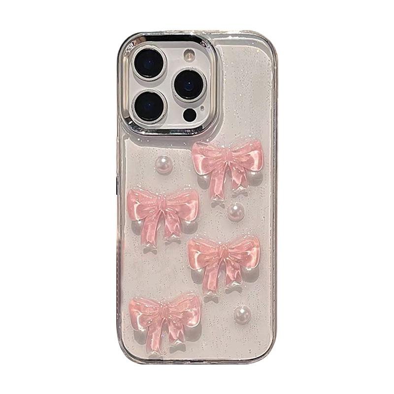Pearl pink bow glitter mobile phone case for Iphone17Promax transparent Apple 16Plus anti-drop