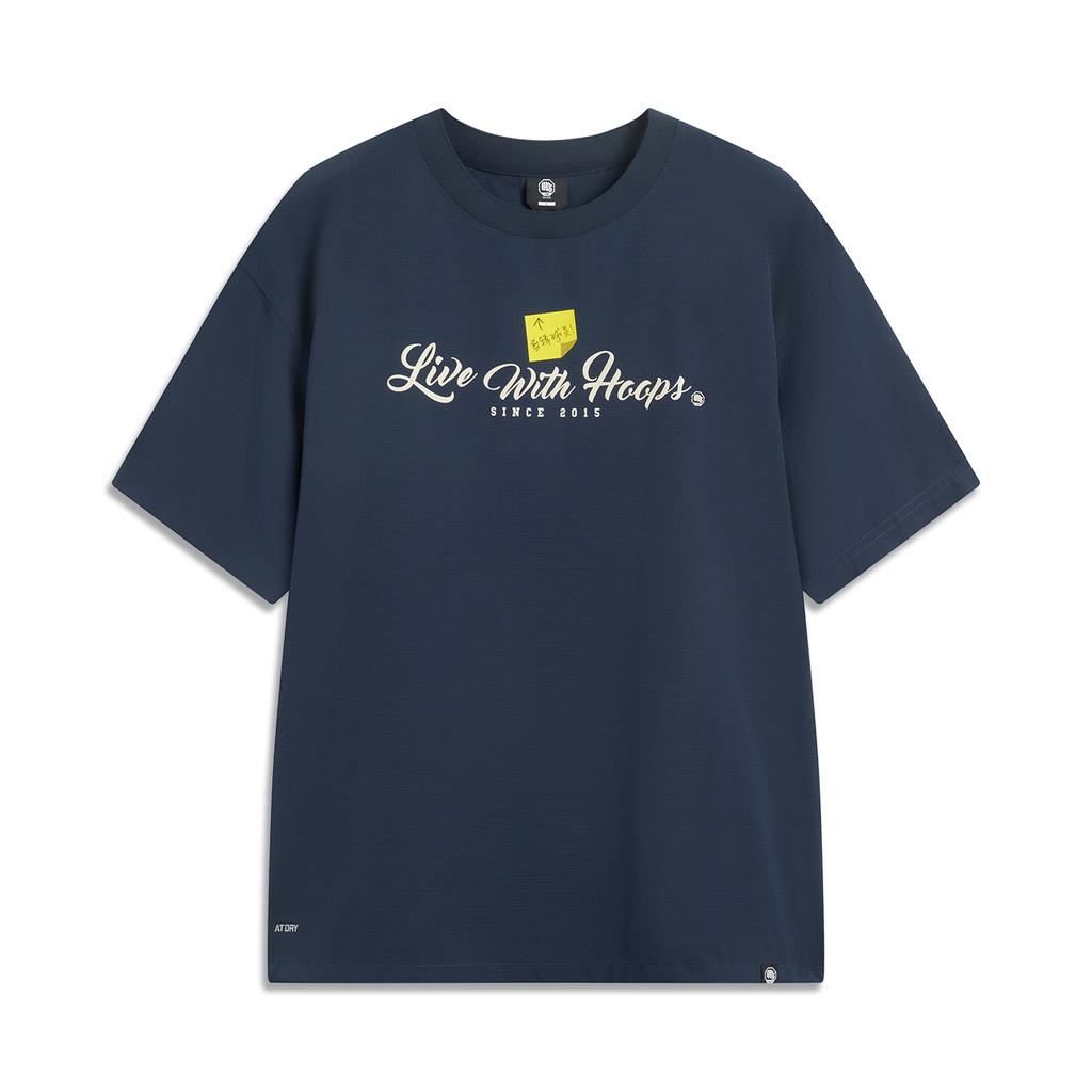 Li Ning Bad Five Letter Round Neck Breathable Versatile Loose Short Sleeve T-Shirt Men T-Shirts Deep-Navy-Blue AAFV005-2