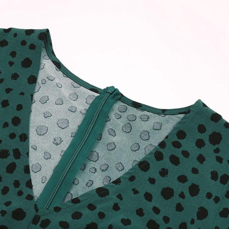 Green Leopard Print Chic Women Dress High Waist Long Sleeve V Neck Long Dress