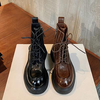 Bottines Martin en Cuir Rehaussantes pour Femmes à Bout Rond Rétro Style Britannique à Plateforme Locomotive Bottines Courtes
