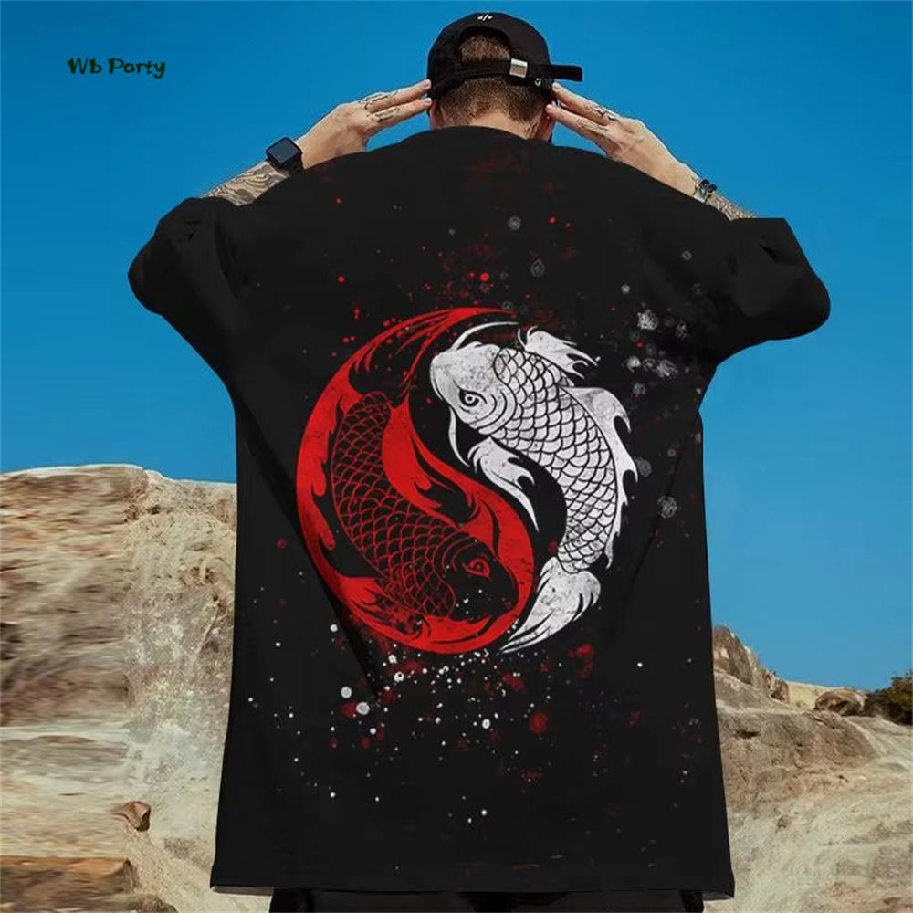 Japanese Ukiyo-E Men's T-Shirt Yin Yang Fish Printed Short Sleeve T-Shirt Oversized Casual Tops Summer Fashion Outdoor Clothing