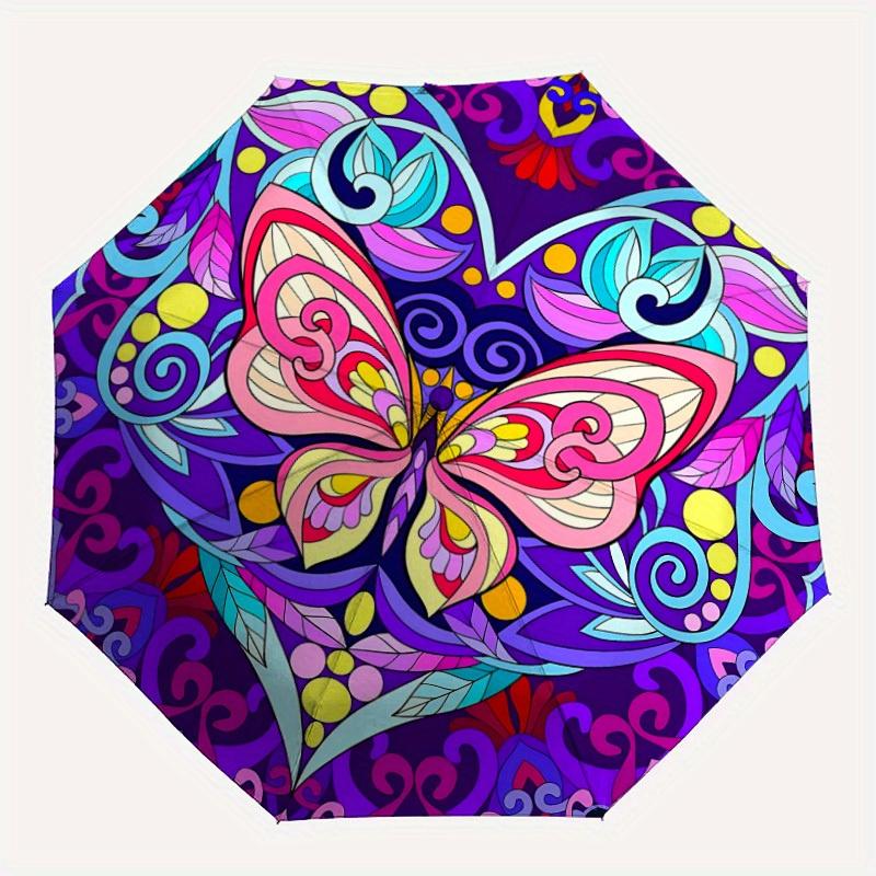 

1pc Butterfly Mandala Automatic Open/close Folding Umbrella, Compact Portable Travel Umbrella, Perfect Birthday/Christmas, Cute Umbrella, Du