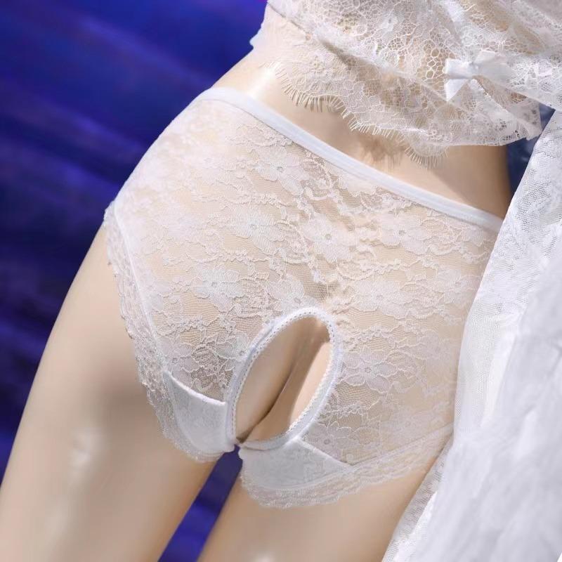 Sexy Lace Women's Panties Mesh Sheer Open Crotch Underpants Bowknot New In Now Lingerie Allure Transparent Underwear Night Wear