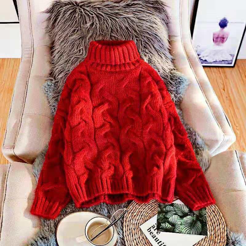 Women's High-Neck Cable Knit Sweater - Loose Fit, Solid Color, Autumn/Winter Style