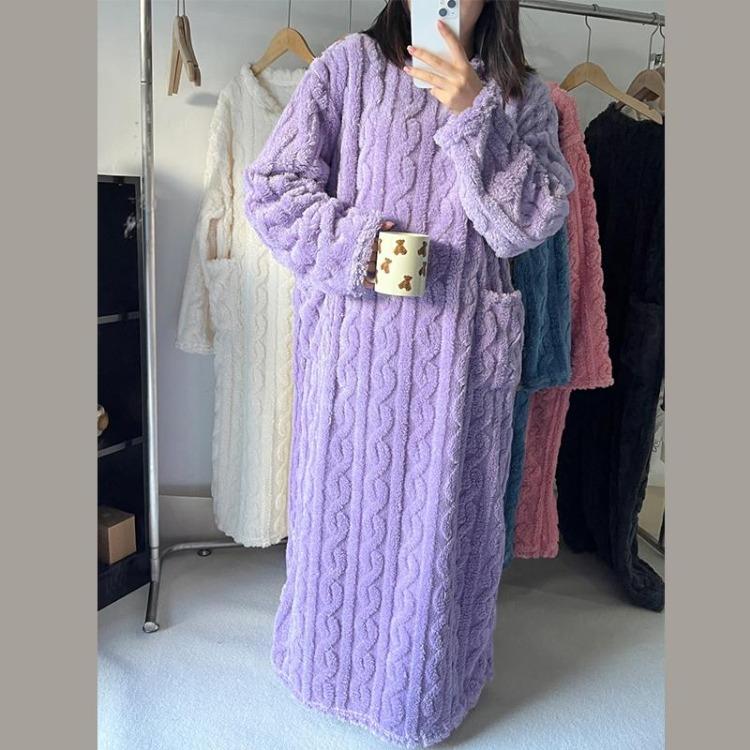 Soft Flannel Women's Nightgown Thickened Jacquard Sleepwear Dress Solid Color Comfortable Night Dress