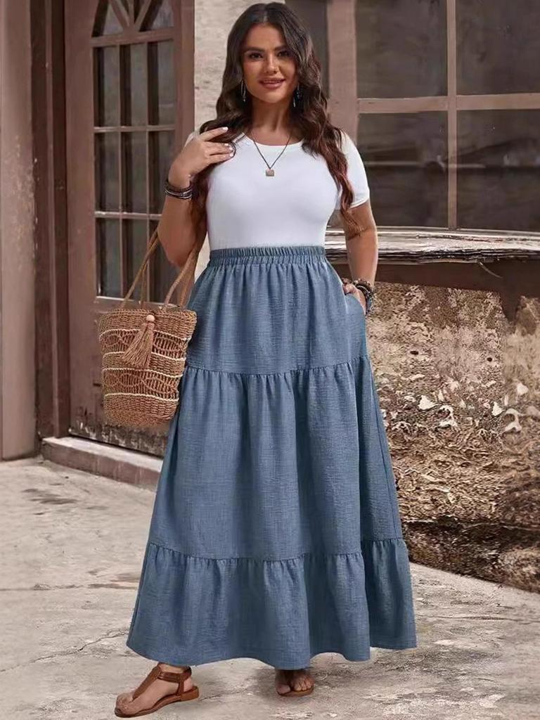 2025 Cross-Border Summer Plus Size Women's Solid Color Swing Skirt - Casual, Comfortable for Travel & Daily Wear
