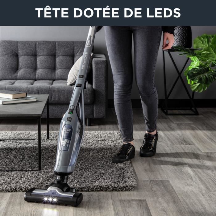 ROWENTA Aspirateur balai sans fil 2en1, Aspirateur à main intégré, Autonomie jusqu’à 75 min, Léger, Tête d’aspiration LEDs RH6756WO