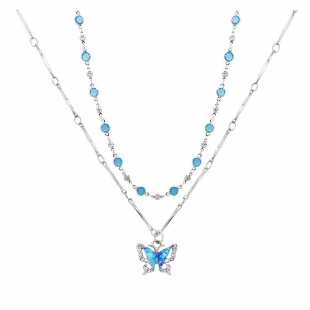 Crystal Double-layer Necklaces Sweet Clavicle Chain New Butterfly Zircon Necklace Women Jewelry