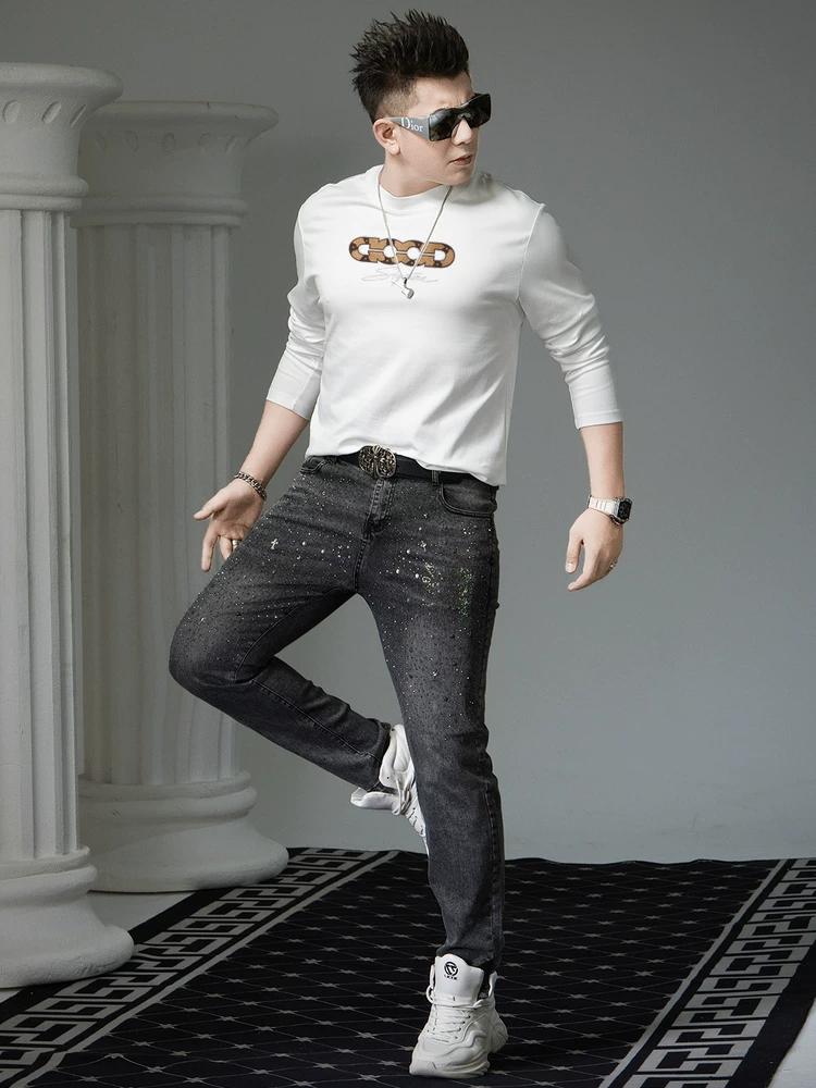European-Style Long-Sleeve T-Shirt for Men, Autumn 2025 New Trendy Brand Letter Print Rhinestone Base Shirt, Men's Crew Neck Top