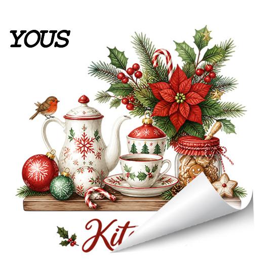 Murale Impermeabile per Zona Fornelli Stoviglie di Natale Adesivi Utensili, Teiera Tazza Palline Fiori Decalcomania, Decorazione Festiva Retro Rimovibile Peel