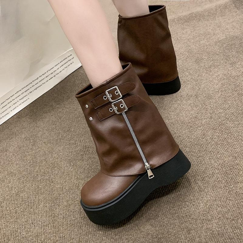 Fashion Soft Leather Ankle Mid Calf Boots Winter Autumn High Platform Wedge British Booties Woman New Ladies Chunky Motorcycle Boots 9CM