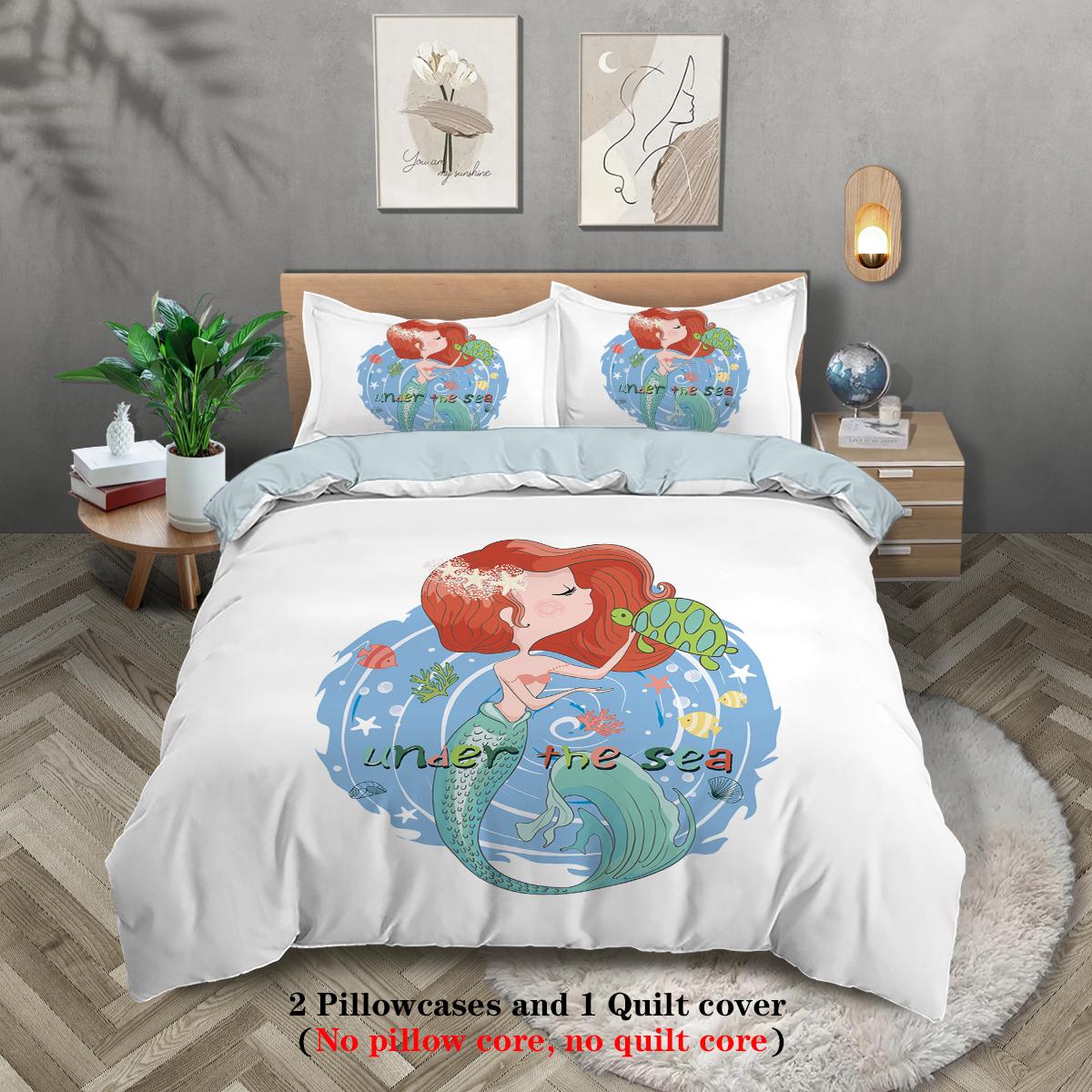 

3-piece down duvet cover with cartoon mermaid pattern print (1 down duvet cover+2 pillowcases, no core) girls bedding set 135x200cm-EU-Single