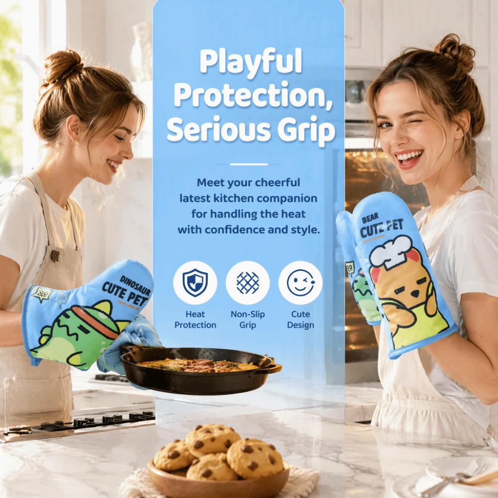 2PCS Cotton Lining Oven Mitt Cartoon Printed Kitchen Cooking Glove Durable Baking Glove  Kitchen