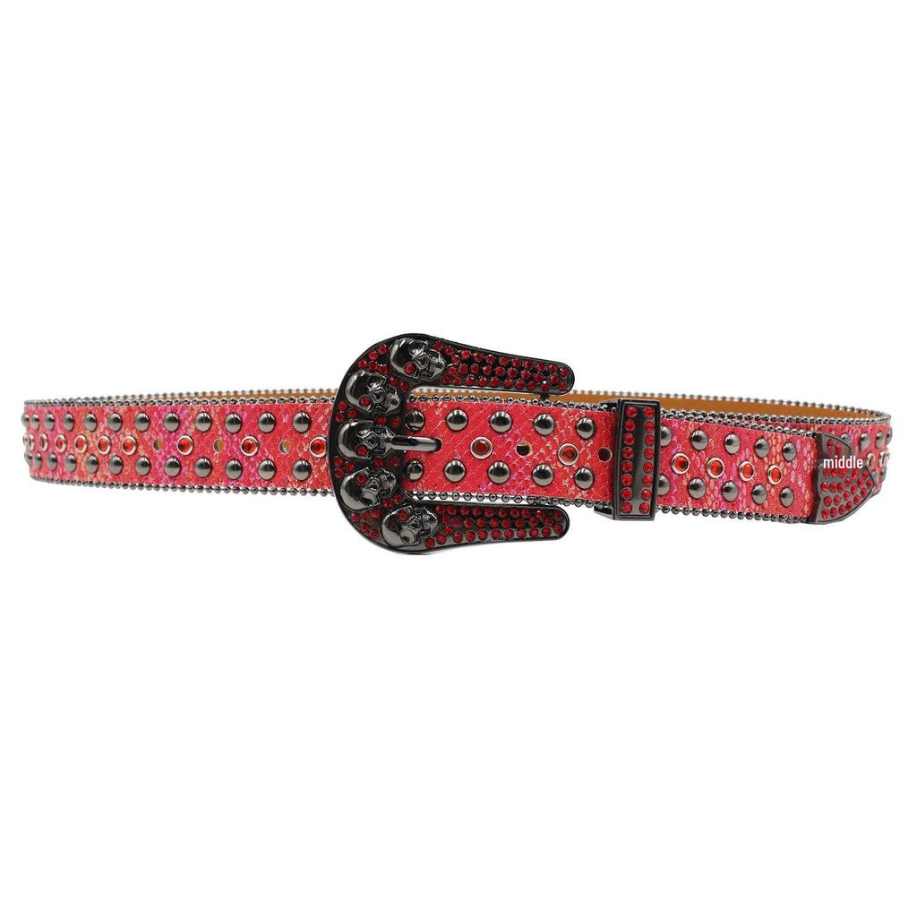 Women's European & American Rhinestone Skull Snake Skin Leather Belt - Extended Denim Style