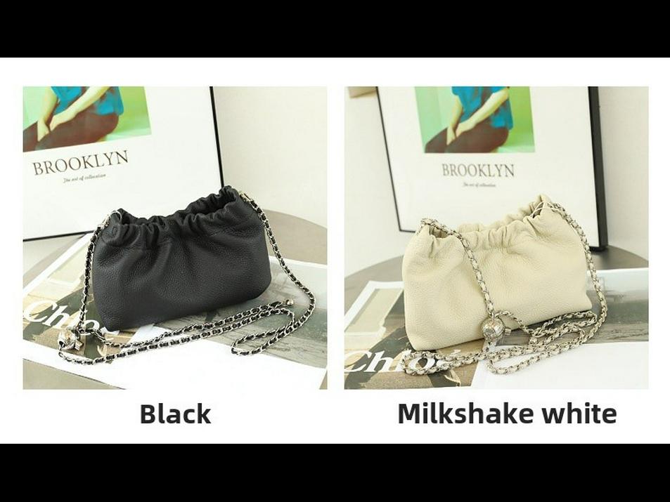 Women's Genuine Leather Cloud Pleated Shoulder Bag with Golden Ball Detail