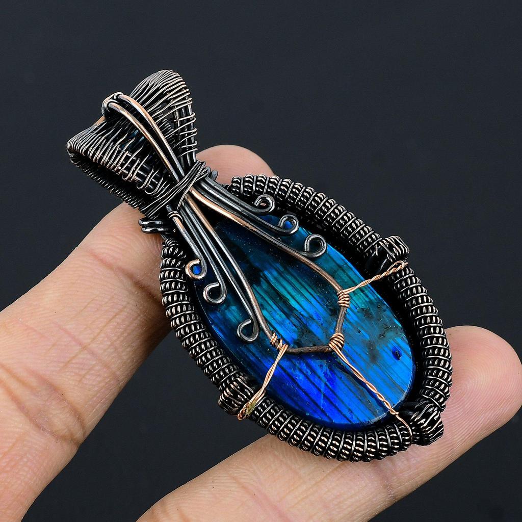 Blue Flash Labradorite Handmade Pendant, Natural Gemstone Jewelry, 999 Copper Wire Wrapped Pendant Jewelry, For Gift