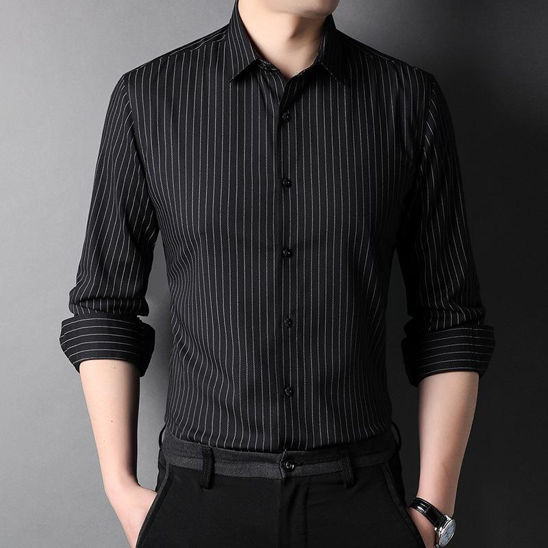 Men's Vertical Stripe Long Sleeve Shirt - Turn-Down Collar, Slim Fit, Iron-Free, Versatile Business Top for All Ages