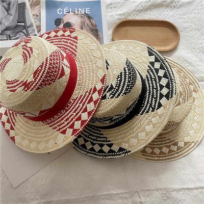 2025 Hot Sales New Fashion Flat Top Color Block Straw Hat Elegant Beach Vacation Sun Hat Concave Shape Sun Shade Hat
