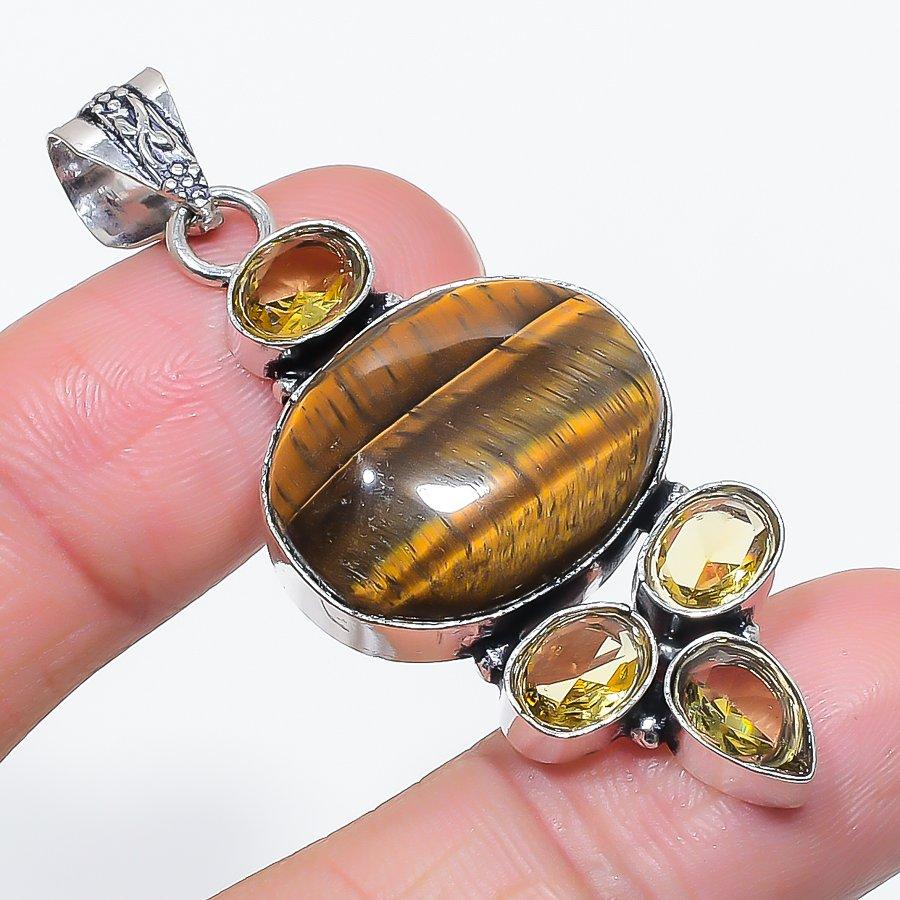 Natural Tiger Eye, Citrine 925 Sterling Silver Jewelry Pendant 2.29" L7Y17