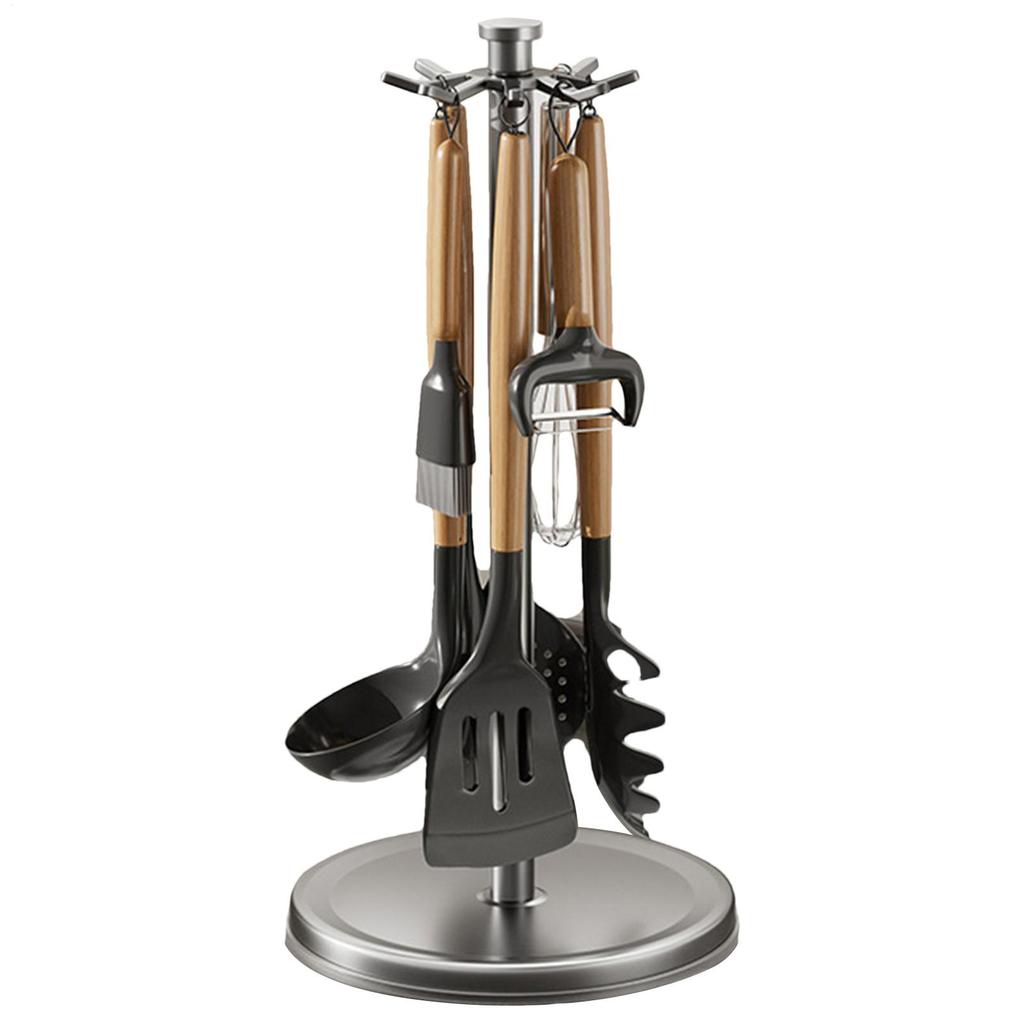 Aluminum Rotating Kitchen Utensil Storage Rack With 8 Hooks Spoon Organizer 360-degree Rotation Counter Kitchen Spatula Holder