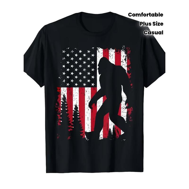 European sizes Men's Sasquatch T-Shirt - American Flag & Cryptid Design, Distressed Forest Print, Casual Outdoor Wear, Comfortable Round Neck Tee
