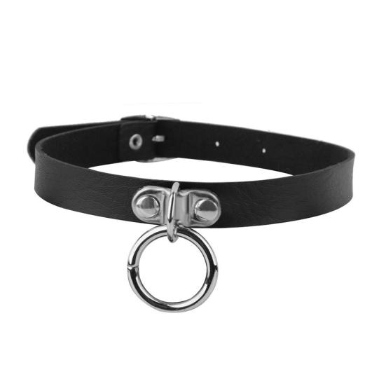 Unisex Circle Choker Gothic Faux Leather Collar Pendant Chain Neck Ring Necklace