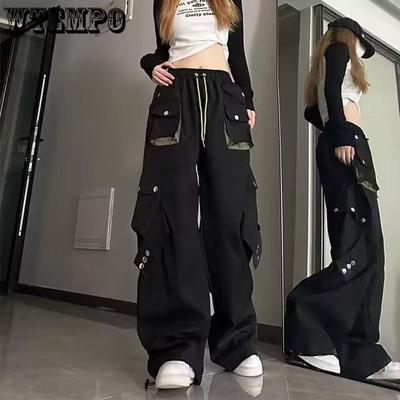 Pantaloni Cargo Donna Y2k Streetwear Casual Gamba Larga Pantaloni Hip Hop Americano Vita Alta Tasche Grandi Allacciatura Larga Pantaloni da Donna