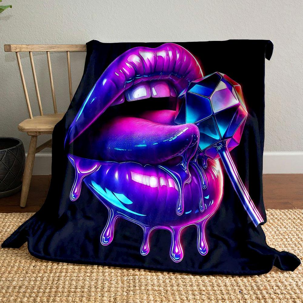 Neon Lips with Dripping Candy Design Patterned blanket, flannel, suitable for all seasons, home decor, warm and cozy