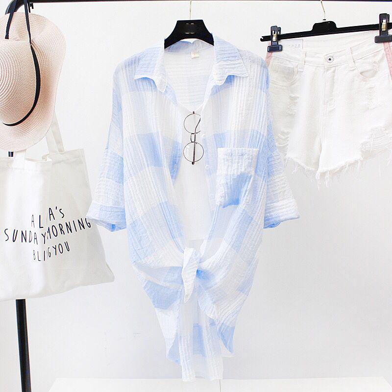 Women's Mid-length Plaid Shirt Long Loose Jacket Women's Sun Protection Clothing Large Size Loose Thin Jacket Ladies Long Chiffon Shirt