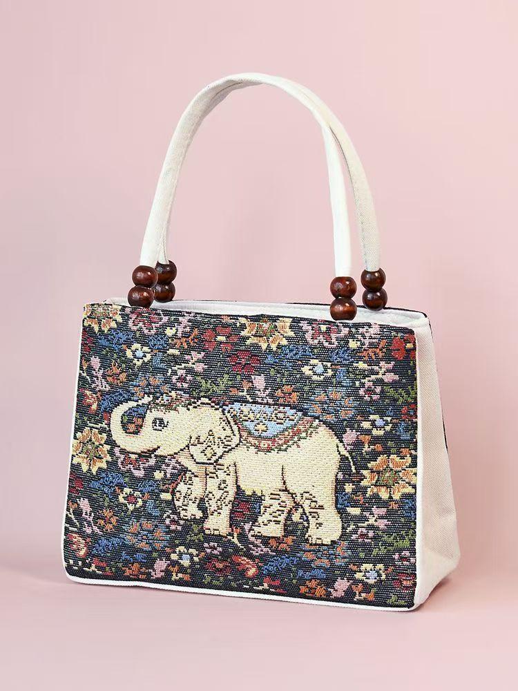 Yunnan Ethnic Style Double-layer Wooden Bead Bag Elephant Embroidery Bag Ethnic Fabric Bag